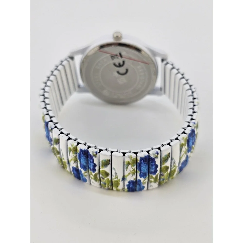 Women Watch Large Numerals 36MM Multicolor Flowers Stretch Band 6.5